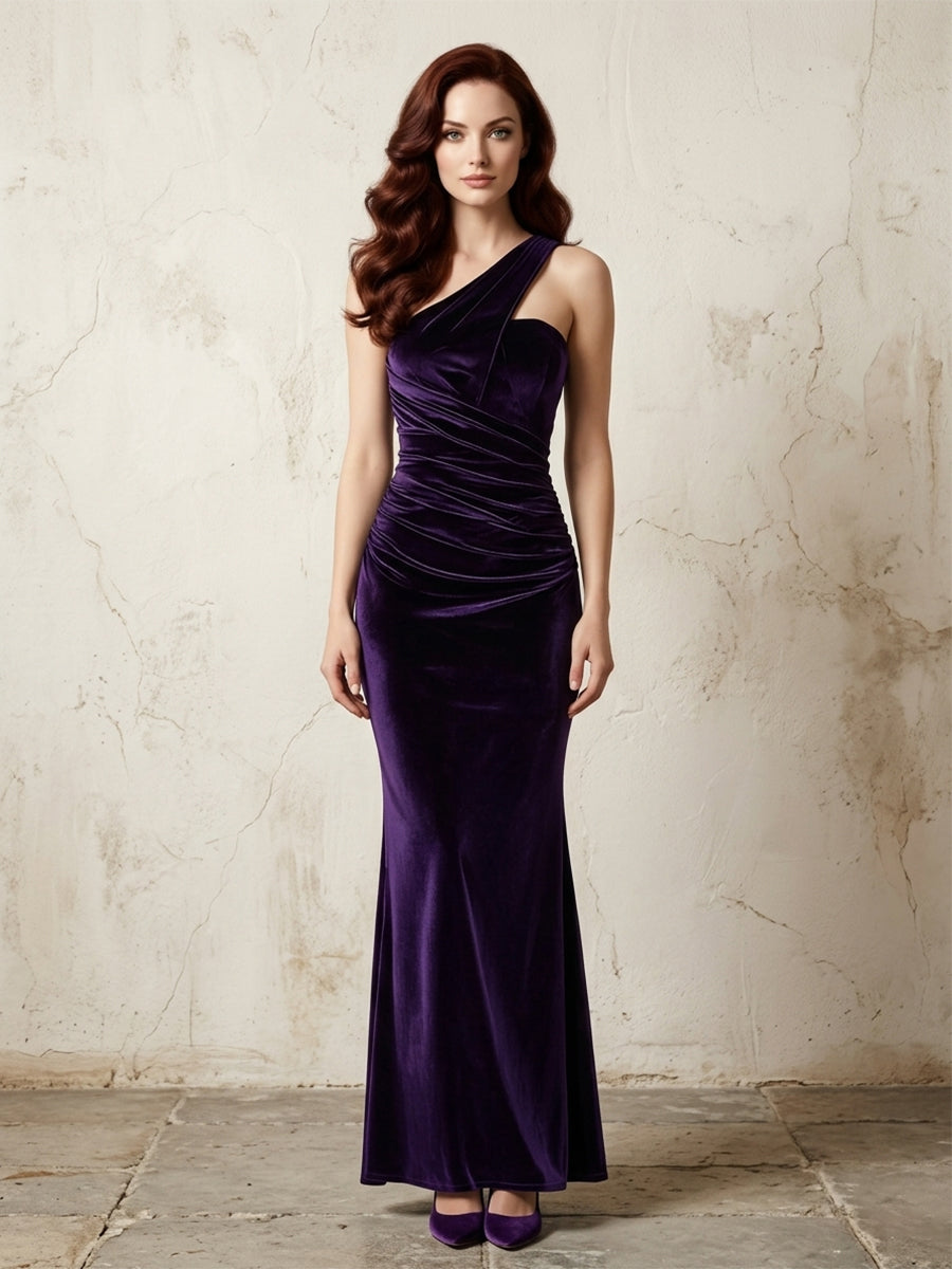 Velvet Mermaid Evening Dress with One Shoulder and Ruched Bodice