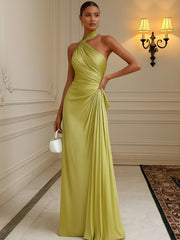 Satin Mermaid Evening Dress with Cross Halter Neck and Pleated Waist