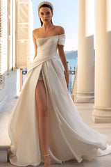 Off the shoulder Satin A Line/Princess Wedding Dress with Sequins Split Front