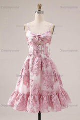 Pink Floral Keyhole Corset Short Homecoming Dress with 3D Flower Detail