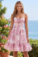 Keyhole Sparkly Pink Floral Short Corset Homecoming Dress with 3D Flower