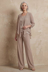 Dreamyannie Khaki Chiffon Scoop Neck 3 Piece Mother Of The Bride Pant Suits With Jacket