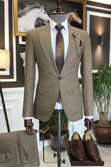 Khaki Peaked Lapel Striped Business Suit for Men