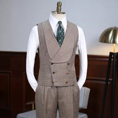 Khaki Plaid Notched Lapel Three Piece Prom Suit