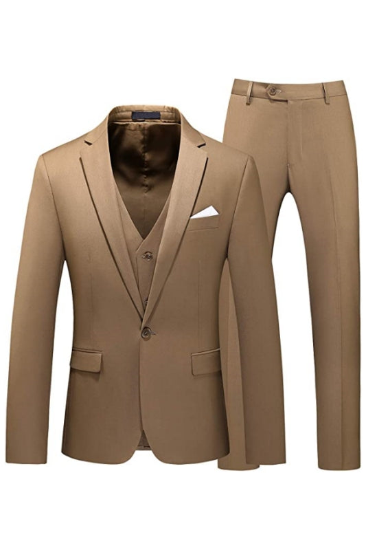 Khaki Three Piece Notched Lapel Prom Suit