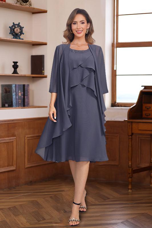 Knee Length A Line Scoop Mother of the Bride & Groom Dresses with Beaded Jacket and Ruffles