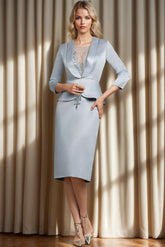 Knee Length Mother of the Bride V Keck Sheath Column Dresses with Lace