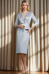 Knee Length Mother of the Bride V Keck Sheath Column Dresses with Lace