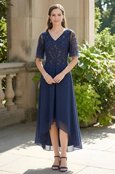 Lace A-Line Mother of the Bride Dress with V-Neck Hi-Lo Hem