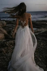 Lace Appliqued Beach Wedding Dress Tulle Off The Shoulder Bridal Gown