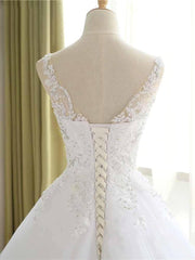 Lace Beaded Wedding Dress V Neck Ball Gown Tulle Bridal Dress