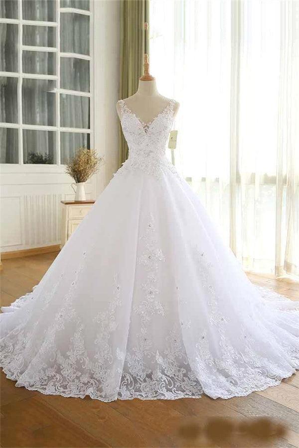 Lace Beaded Wedding Dress V Neck Ball Gown Tulle Bridal Dress