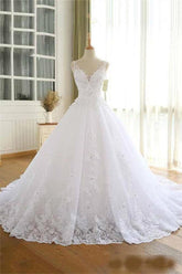 Lace Beaded Wedding Dress V Neck Ball Gown Tulle Bridal Dress