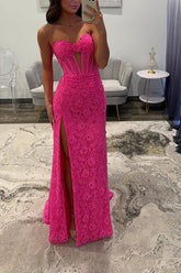 Lace Fuchsia Prom Dress Mermaid Corset Keyhole Long Formal Dress With Slit