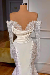 Lace Long Sleeves Off The Shoulder Trumpet Mermaid Wedding Dress With Pearl