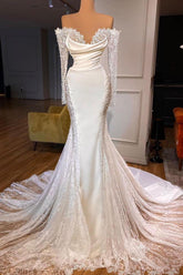 Lace Long Sleeves Off The Shoulder Trumpet Mermaid Wedding Dress With Pearl