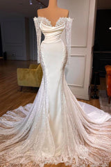 Lace Long Sleeves Off The Shoulder Trumpet Mermaid Wedding Dress With Pearl