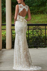 Lace Sheath/Column V neck Wedding Dress With Bow(s) Sweep Train