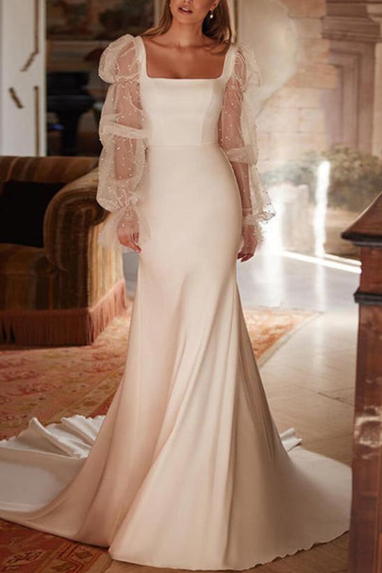Lace Trumpet/Mermaid Square Neckline Elastic Satin Wedding Dress