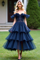 Lace Tulle Navy Wedding Guest Dress A Line Tea-Length Formal Dress With Ruffles