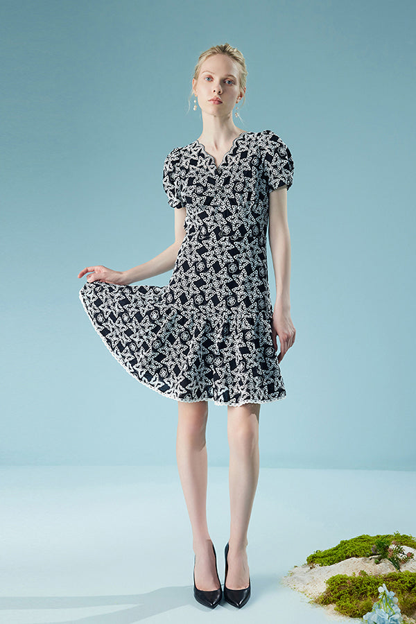 Lace V Neck Puff Sleeve Short Casual Summer Holiday Dress