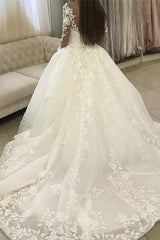 Lace Wedding Dress: Ball Gown Style with V neck Long Sleeves Court Train and Appliques