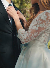 Lace Wedding Dress with A Line V Neck 3/4 Sleeves and Court Train