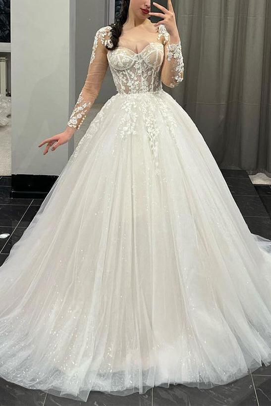Lace/Tulle Ball Gown Wedding Dress with Sweetheart Neckline Long Sleeves and Court Train