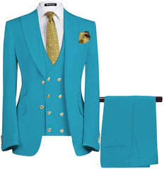 Lake Blue Three Piece Peaked Lapel Prom Suit