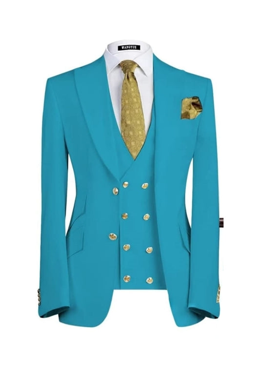 Lake Blue Three Piece Peaked Lapel Prom Suit