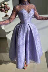 Lavender Glitter Tulle A Line Prom Dress with Illusion High Neck and Long Sleeves
