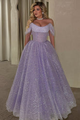 Lavender Glitter Tulle A Line Prom Dress with Sheer Corset Bodice
