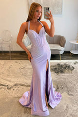 Lavender Halter Neck Corset Beaded Mermaid Prom Dress With High Slit Formal Evening Gown