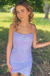 Lavender Homecoming Dress Sequin Lace-Up Back Tight Short Prom Dress