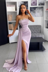 Lavender Off the Shoulder Sleeveless Evening Dress with Pleated Applique and Slit