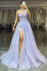 Lavender One-Shoulder Floral Appliqu茅 Tulle Prom Gown With High Slit Formal Evening Gown