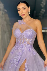 Lavender One-Shoulder Floral Appliqu茅 Tulle Prom Gown With High Slit Formal Evening Gown