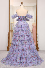 Lavender Prom Dress A Line Strapless Long Tiered Evening Dress With Feathers