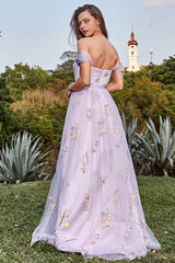 Lavender Prom Dress A Line Tulle Off the Shoulder Embroidery Evening Dress