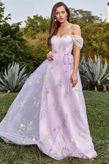 Lavender Prom Dress A Line Tulle Off the Shoulder Embroidery Evening Dress