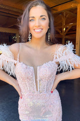 Lavender Prom Dress Appliques Mermaid Evening Dress with Feathers