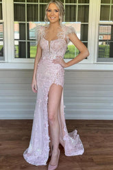 Lavender Prom Dress Appliques Mermaid Evening Dress with Feathers