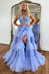 Lavender Prom Dress Halter Tiered Corset Long Evening Dress with Slit