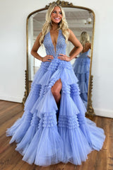 Lavender Prom Dress Halter Tiered Corset Long Evening Dress with Slit