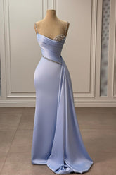 Lavender Prom Dress Mermaid Spaghetti Strap Sleeveless Beaded Panel Train Satin Formal Dress With Rhinestones