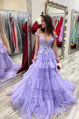 Lavender Prom Dress Off Shoulder Tiered Evening Dress with Lace