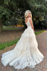 Lavender Prom Dress Off Shoulder Tiered Evening Dress with Lace