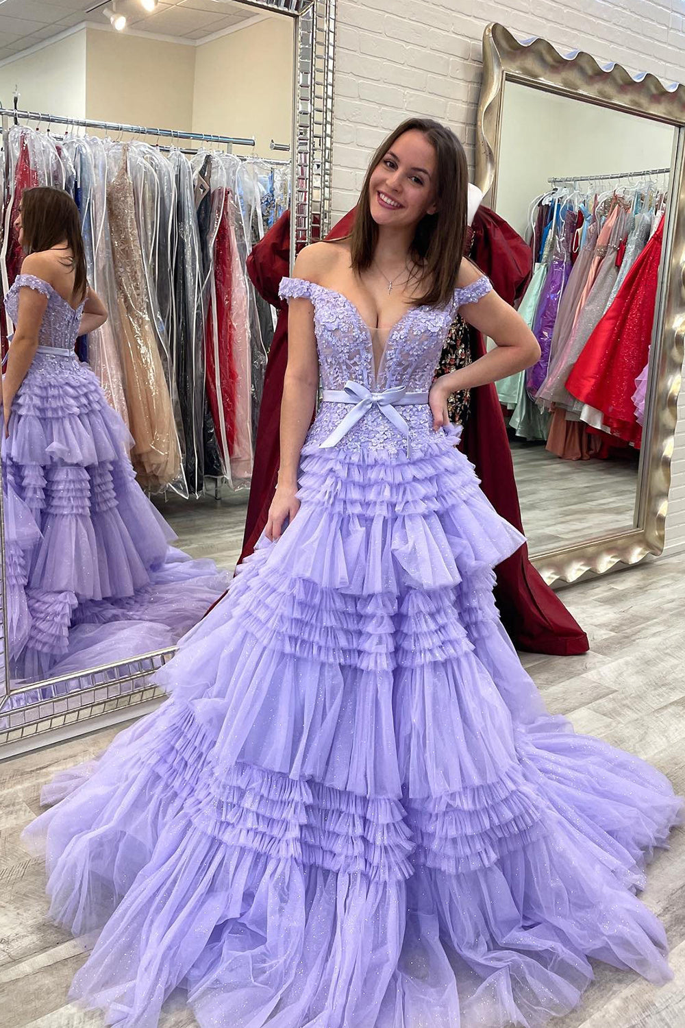 Lavender Prom Dress Off Shoulder Tiered Evening Dress with Lace