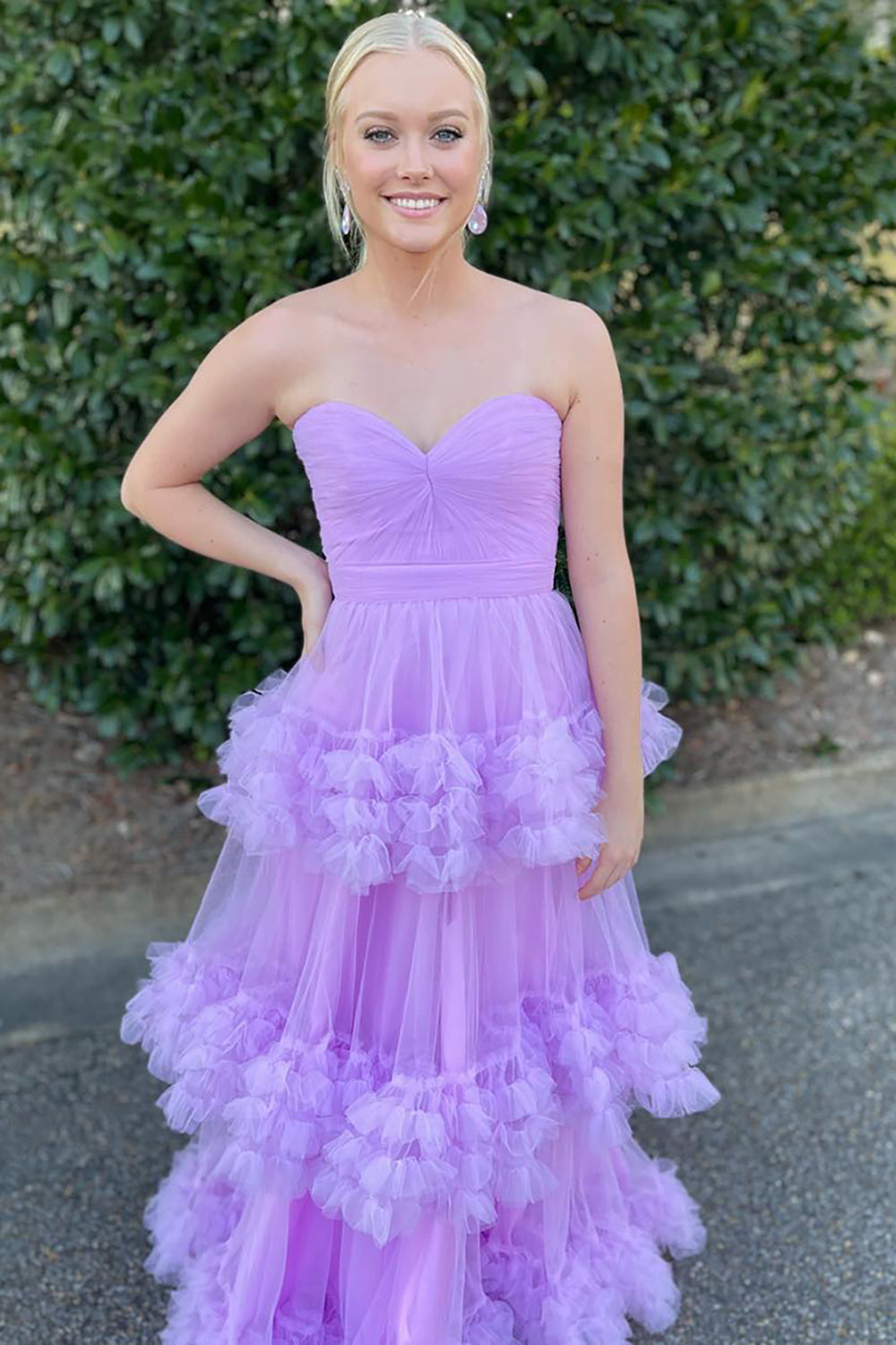 Lavender Prom Dress Ruffled Tulle Sweetheart Long Formal Dress