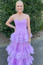 Lavender Prom Dress Ruffled Tulle Sweetheart Long Formal Dress